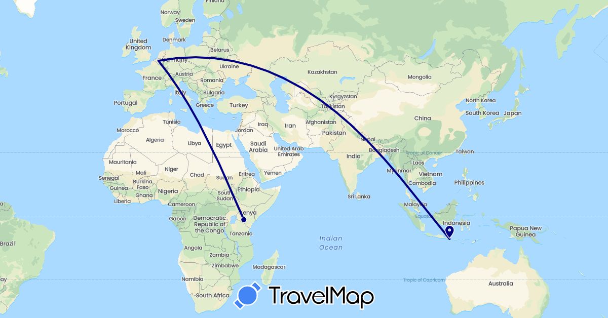 TravelMap itinerary: driving in Belgium, Indonesia, Kenya (Africa, Asia, Europe)